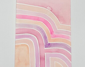 Könnte beinhalten: Abstrakte Aquarellmalerei in einem Farbton von Rosa, Pfirsich und Lila. Das Gemälde zeigt eine Reihe von geschwungenen Linien, die einen geschichteten Effekt erzeugen.