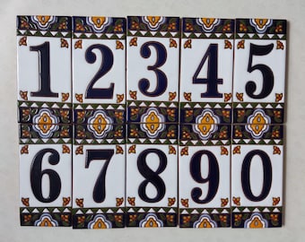 House Number 3x6 Hand Made Blue Border design Tile. Get as many digits you need !!!!