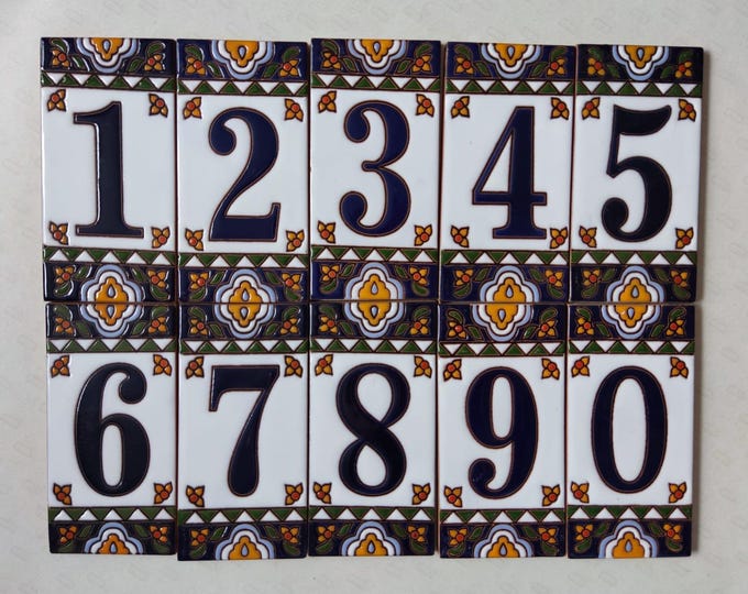 House Number 3x6 Hand Made Blue Border design Tile. Get as many digits you need !!!!