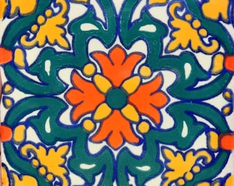 C#104) Mexican 4x4 inch tiles ceramic handmade Talavera mosaic art Spanish influence (Green/Orange)