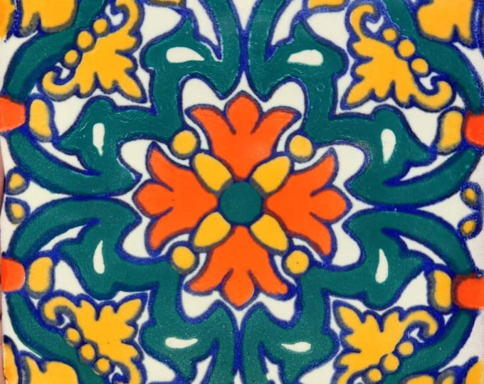 C#104) Mexican 4x4 inch tiles ceramic handmade Talavera mosaic art Spanish influence (Green/Orange)