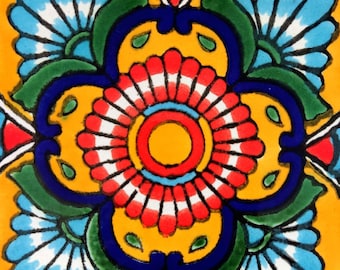 C#131) Azulejos mexicanos de 4 x 4 pulgadas de cerámica hechos a mano, arte mosaico de Talavera con influencia española