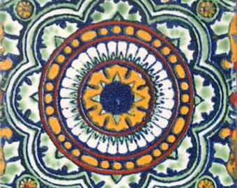 C#035) Azulejos mexicanos de 4 x 4 pulgadas de cerámica hechos a mano, arte mosaico de Talavera con influencia española
