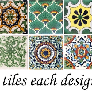 May include: A collection of nine square ceramic tiles, each featuring a unique, colorful floral or geometric design. The tiles are primarily green, yellow, blue, and orange, with intricate patterns. The text "9 tiles each design" is below the tiles.