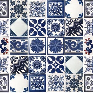 May include: A collection of square ceramic tiles with a repeating pattern. The tiles feature a white background with intricate blue floral and geometric designs. Some tiles have a central red accent. The overall effect is a decorative, patterned surface.