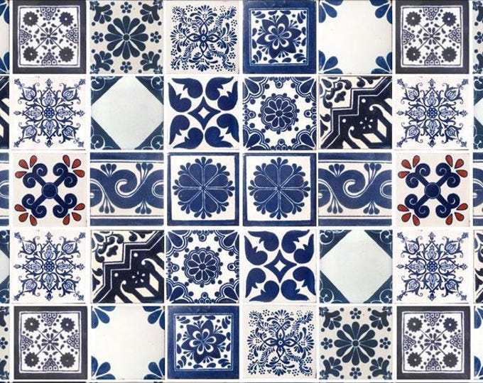 50 Individual Mexican off white/cobalt blue Tiles 4x4 Ceramic Clay Handcrafted Mexico SET #005