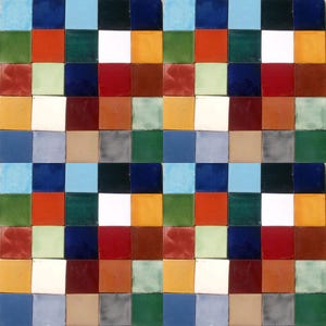May include: A colorful mosaic tile pattern with a variety of colors including blue, green, red, orange, yellow, white, brown, and gray.
