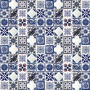 May include: A repeating pattern of square ceramic tiles in shades of blue and white. Each tile features a unique design, including floral motifs, geometric shapes, and decorative patterns. The tiles are arranged in a grid, creating a cohesive and visually appealing surface.