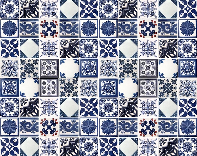 100 Individual Mexican off white/cobalt blue Tiles 4x4 Ceramic Clay Handcrafted Mexico SET #005