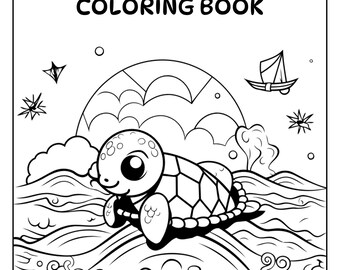 Pode incluir: Uma página para colorir em preto e branco com uma tartaruga de desenho animado nadando no oceano. A tartaruga tem olhos grandes e um sorriso. O oceano está cheio de ondas e bolhas. O texto "ANIMAL COLORING BOOK" está no topo da página.