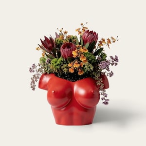 May include: A bright red ceramic planter shaped like a human torso, filled with a floral arrangement featuring dark red protea flowers, small orange orchids, green moss, and sprigs of purple filler flowers, creating a dense and colorful display.