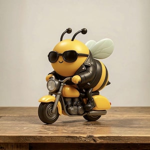 Può includere: Una statuetta di ape gialla e nera che indossa una giacca di pelle nera e occhiali da sole neri, in sella a una motocicletta gialla con un faro rotondo, un blocco motore visibile e scomparti laterali. L'ape ha piccole ali e un viso sorridente.