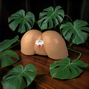 Puede incluir: Escultura marrón claro de un trasero humano, con una pegatina que dice "heyyang". La escultura está rodeada de hojas verdes de Monstera. Se encuentra sobre una superficie de madera.