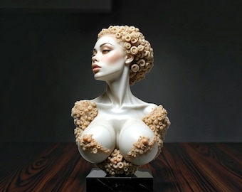 May include: A smooth white bust sculpture of a person with a head of tight, coiled curls and similar textured clusters adorning the chest area. The figure is mounted on a rectangular black base, featuring a serene facial expression and pale skin.