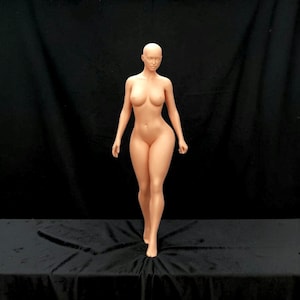 Pode incluir: Um manequim de tamanho natural de mulher, cor de pele, com cabeça careca, em pé e voltado para a frente. O manequim tem uma forma corporal realista e está posado com os braços ao lado. O fundo é preto.