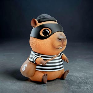 Op de afbeelding: Een grillig beeldje van een capibara verkleed als inbreker. De capibara draagt een zwart masker, een gestreept shirt en een muts. Het draagt een bruine geldbuidel met een dollarteken.