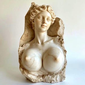 Puede incluir: Busto esculpido de una mujer con cabello rizado y expresión serena, emergiendo de una piedra rugosa y texturizada. La escultura es de color blanco crema, con tallado detallado del rostro y la parte superior del torso.