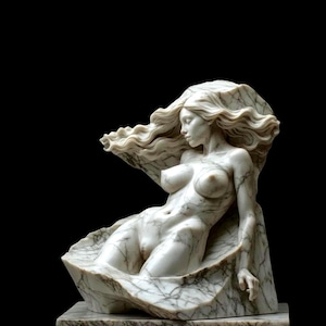 May include: A marble sculpture of a nude woman with long flowing hair, reclining within a shell-like form. The sculpture is white with gray veining, set against a black background. The woman's pose is relaxed, with one arm resting.