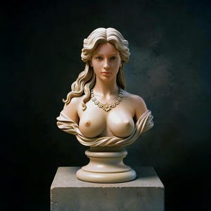 May include: A cream-colored sculpture bust of a person with long, wavy hair, wearing a detailed floral-patterned necklace. The figure is draped in fabric around the shoulders and chest, set upon a sturdy, cylindrical pedestal base.