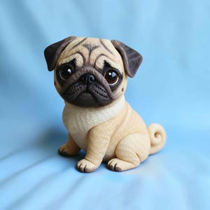 May include: A small, sculpted figurine of a pug dog in a sitting position. The figure features a light tan body with a dark brown muzzle, ears, and large, glossy black eyes. The surface has detailed, etched textures representing fur folds.