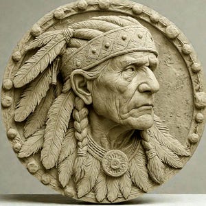 May include: A detailed, circular relief sculpture of a Native American man in profile. The sculpture is in shades of beige and features a feathered headdress, braided hair, and a sun pendant. The relief is framed by a beaded border.