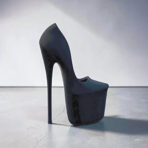 Könnte beinhalten: Ein schwarzer Stuhl mit hohem Absatz und sehr hohem Stiletto-Absatz. Der Stuhl hat eine Plateausohle und eine geschwungene Rückenlehne. Der Stuhl besteht aus glänzendem Material und steht vor einem neutralen Hintergrund.