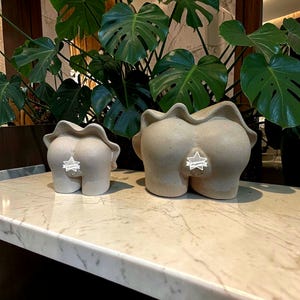 Puede incluir: Dos macetas de cerámica beige, con forma de trasero estilizado, sobre una superficie de mármol. Las macetas tienen un acabado texturizado y un borde superior ondulado. Al fondo, una gran planta verde con hojas anchas.