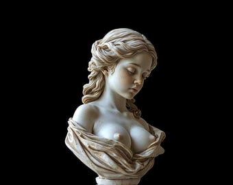 May include: A marble-style bust sculpture of a person with closed eyes and wavy hair styled in an intricate braid. The figure is draped in fabric that rests loosely around the shoulders and chest, set against a solid black background.