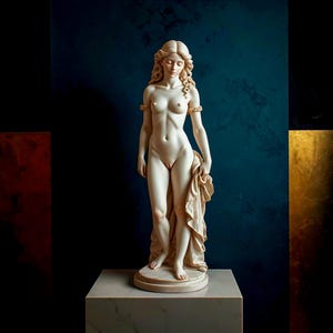 May include: A full-length off-white marble statue of a standing figure with long wavy hair, wearing arm bands on the upper arms and a draped cloth held at the side. The figure stands on a circular base atop a square marble pedestal.