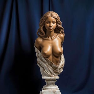 May include: A sculpted bust of a person with long wavy hair, featuring a smooth tan finish on the upper body and a draped white and brown marble-patterned cloth covering the chest, all mounted on a matching white and brown marble pedestal base.