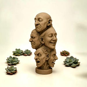 May include: A beige sculpture of stacked human faces, each showing a different emotion. The sculpture sits on a round base. Several small green succulents are arranged around the sculpture.