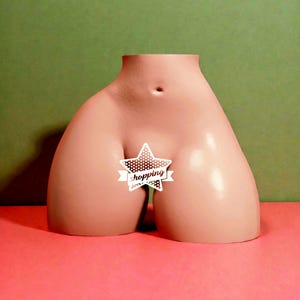 Puede incluir: Una escultura abstracta de color carne de un torso, con una pegatina en forma de estrella que dice "shopping" que cubre la zona inferior. La escultura está sobre un fondo verde y rosa.