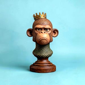 Könnte beinhalten: Eine braune Affenbüste mit einem strukturierten, schuppenartigen Muster auf Kopf und Hals. Der Affe trägt eine goldfarbene Krone mit kleinen türkisfarbenen Akzenten. Die Figur steht auf einem runden Holzsockel und hat einen ernsten Gesichtsausdruck.