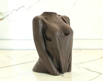 May include: A dark brown, low-poly style sculpture of a human torso. The object features a faceted, geometric surface design with sharp angles and flat planes that form the shape of the upper body, including the shoulders, chest, and waist area.