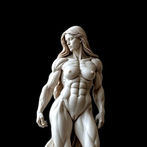 Puede incluir: Una escultura monocromática de color blanco hueso de una figura musculosa con cabello largo y fluido. La figura muestra músculos abdominales muy definidos, deltoides prominentes y brazos vasculares, en una pose frontal sobre fondo negro.