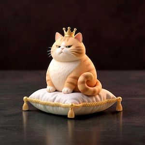 May include: A rotund orange and white tabby cat figurine wearing a small gold crown, sitting upright on a square white cushion with gold braided trim and tassels at each corner. The cat has a stern facial expression and a curled tail.