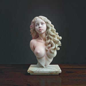 Può includere: Un busto scolpito di una persona con lunghi capelli ondulati di colore chiaro che ricadono sulle spalle. La figura ha un incarnato liscio e pallido ed è posizionata su una base rettangolare con una finitura marmorizzata verde chiaro e bianca.