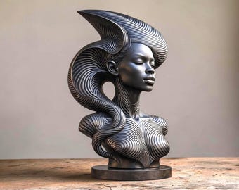 May include: A dark metallic bust sculpture of a person with closed eyes, featuring intricate, flowing, wave-like patterns that extend from the hair and neck across the chest. The figure is mounted on a circular base with a smooth, matte finish.