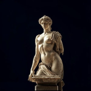 May include: A white marble-toned sculpture of a figure with a draped cloth over the left shoulder and waist. The figure has a serene facial expression, detailed hair, and a smooth torso, set against a solid black background, capturing a classic form.