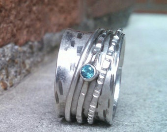 Spinner ring, Meditation ring, London blue topaz ring, semi precious gemstone ring, sterling silver wide band ring, recycled silver