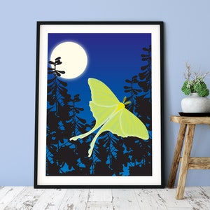 Luna Moth and Moon Art Print, Woodland Animals Wall Art, Butterfly Nursery Decor image 3