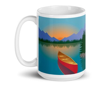 Canoe Ceramic Mug, Travel Poster Kitchen Decor, Mountain Adventure Awaits Coffee Mug