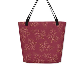 Burgundy Everyday Tote, Leaf Print Shoulder Bag for Shopping, Travel or School, Botanical Autumn Accessories