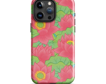 May include: A phone case with a pink and green floral pattern. The case features a design of pink lotus flowers with yellow centers on a green background.