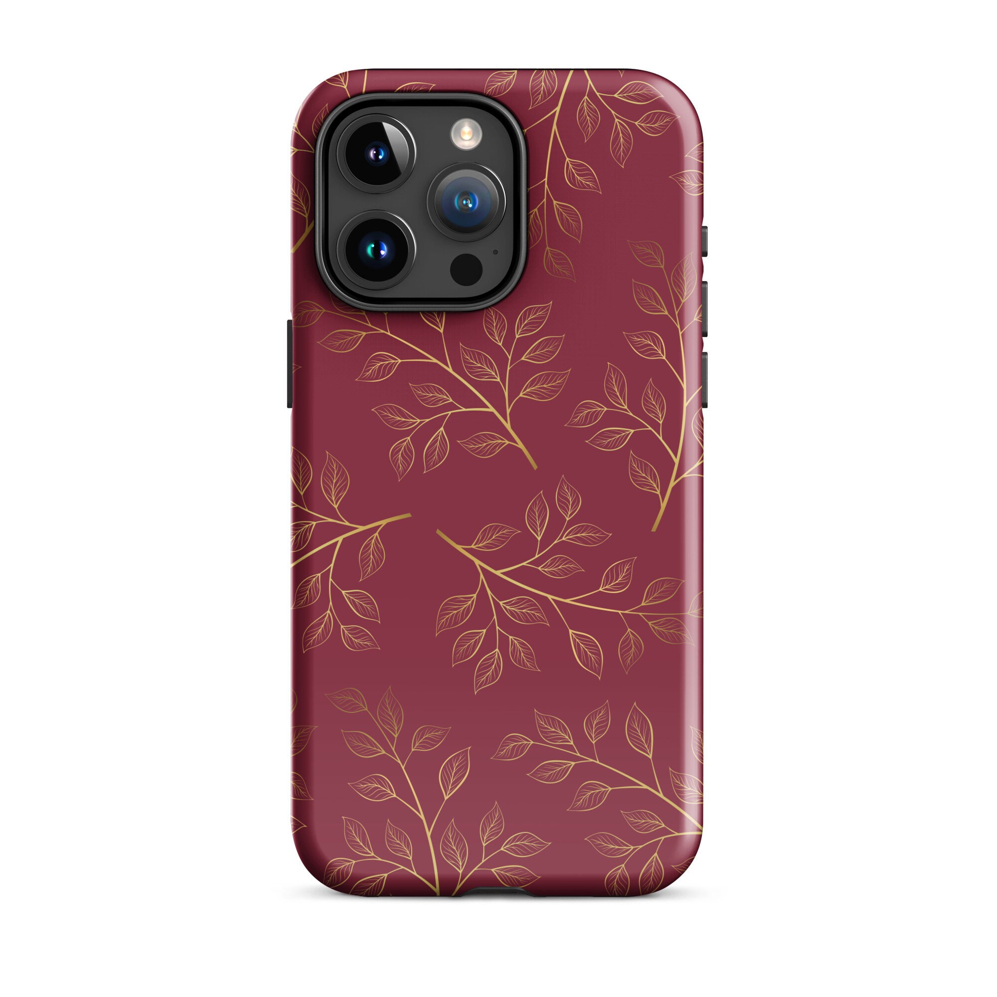 Funda para teléfono con estampado de hojas color burdeos, funda resistente otoñal para iPhone 15, accesorio tecnológico protector para teléfono móvil