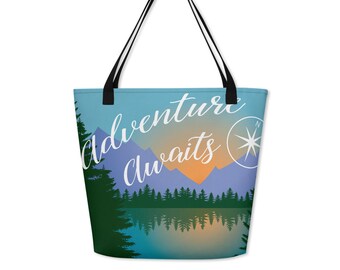 Adventure Awaits, Wanderlust Book Bag, Travel Gift Shopping Bag, Summer Beach Bag, Tote Reusable Grocery Bag