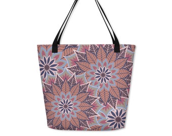 Geometric Mandala Tote Bag, Rose Gold Abstract Beach Bag, Eco Friendly Reusable Grocery Bag