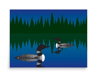 Pode incluir: Dois pássaros mergulhadores preto e branco com olhos vermelhos nadam em um lago azul com um reflexo dos pássaros e uma floresta verde escura no fundo.