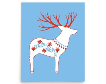 Reindeer Folk Art Prints, Scandi Woodland Holiday Home Decor, Nordic Christmas Poster