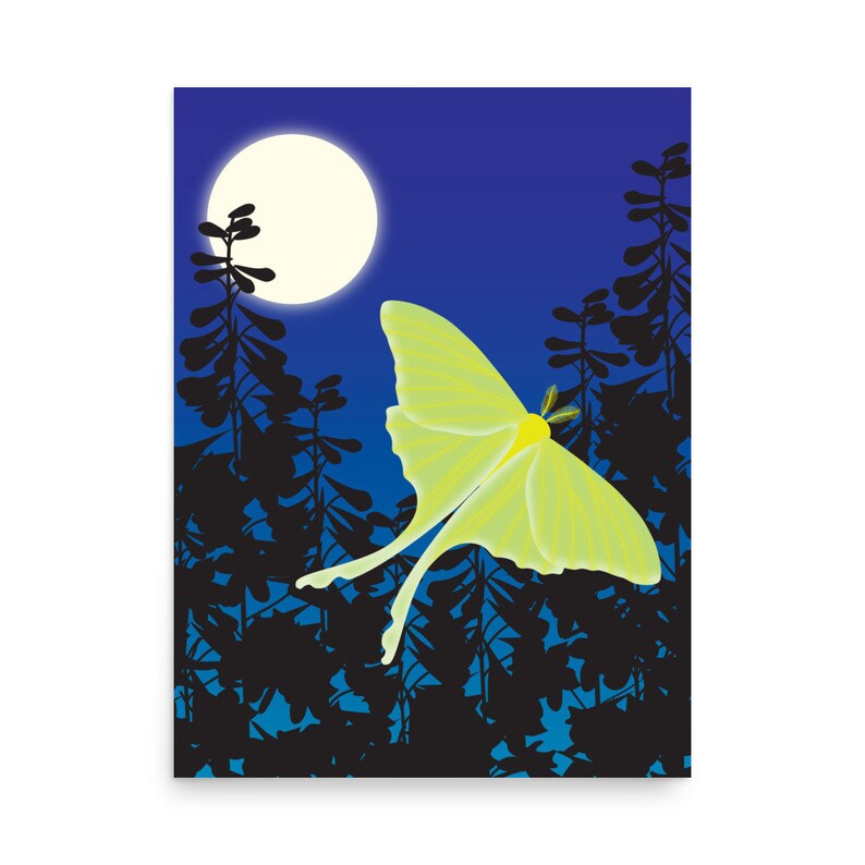 Luna Moth and Moon Art Print, Woodland Animals Wall Art, Butterfly Nursery Decor image 1